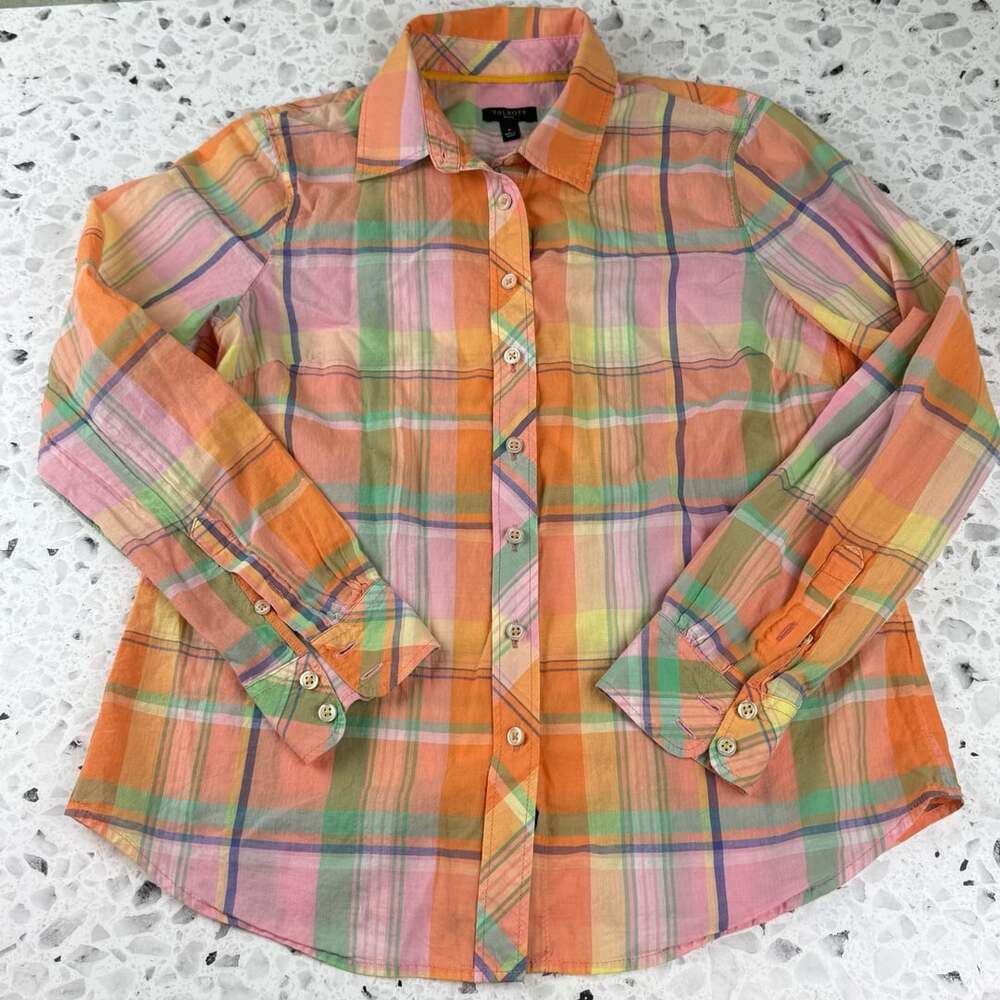 Talbots Plaid Button Down Shirt Size Petite Small Pastel Multi Color Cotton Long